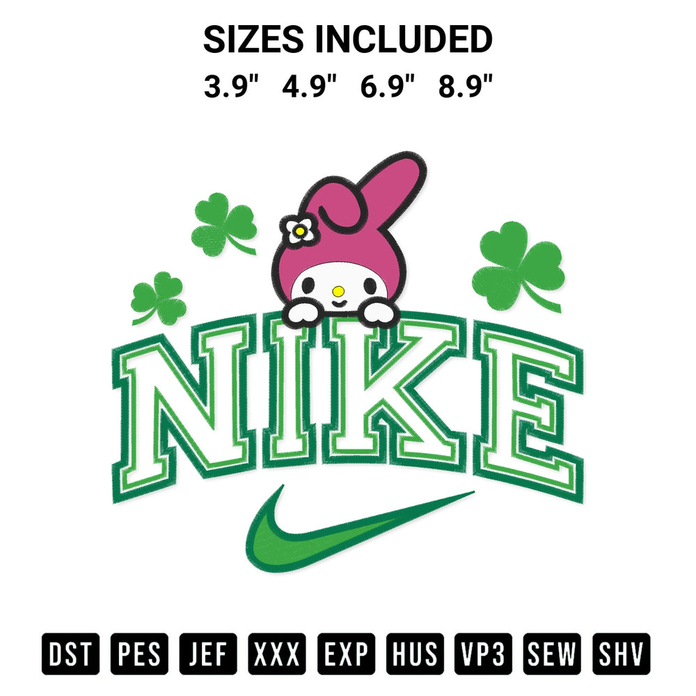 Get the My Melody St Patricks Day X Nike Embroidery Design embroidery design for your custom crafts! Premium digitized files available for instant download at Designspacks.com. Available sizes: 3.9", 4.9", 6.9", 8.9".