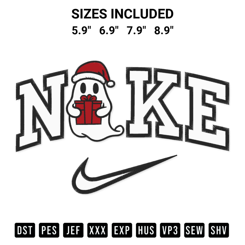Transform your fabrics with the Ghost Holding Gift Christmas X Nike Embroidery Design embroidery design. Instant access to premium digitized patterns at Designspacks.com. Available sizes: 5.9", 6.9", 7.9", 8.9".