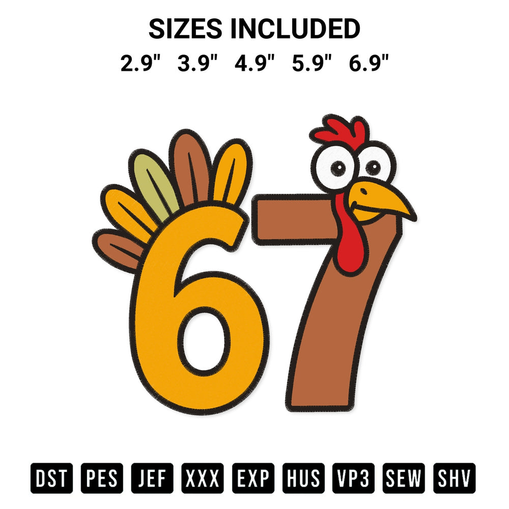 Shop the 67 Thanksgiving Turkey Embroidery Design machine embroidery pattern at Designspacks.com. Beautifully digitized for flawless stitching on any fabric. Available sizes: 2.9", 3.9", 4.9", 5.9", 6.9".
