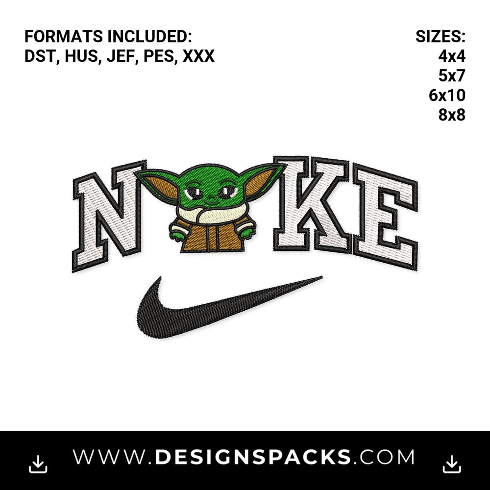 Baby Yoda Nike Swoosh Logo Embroidery Design - Instant digital download pattern at Designspacks.com