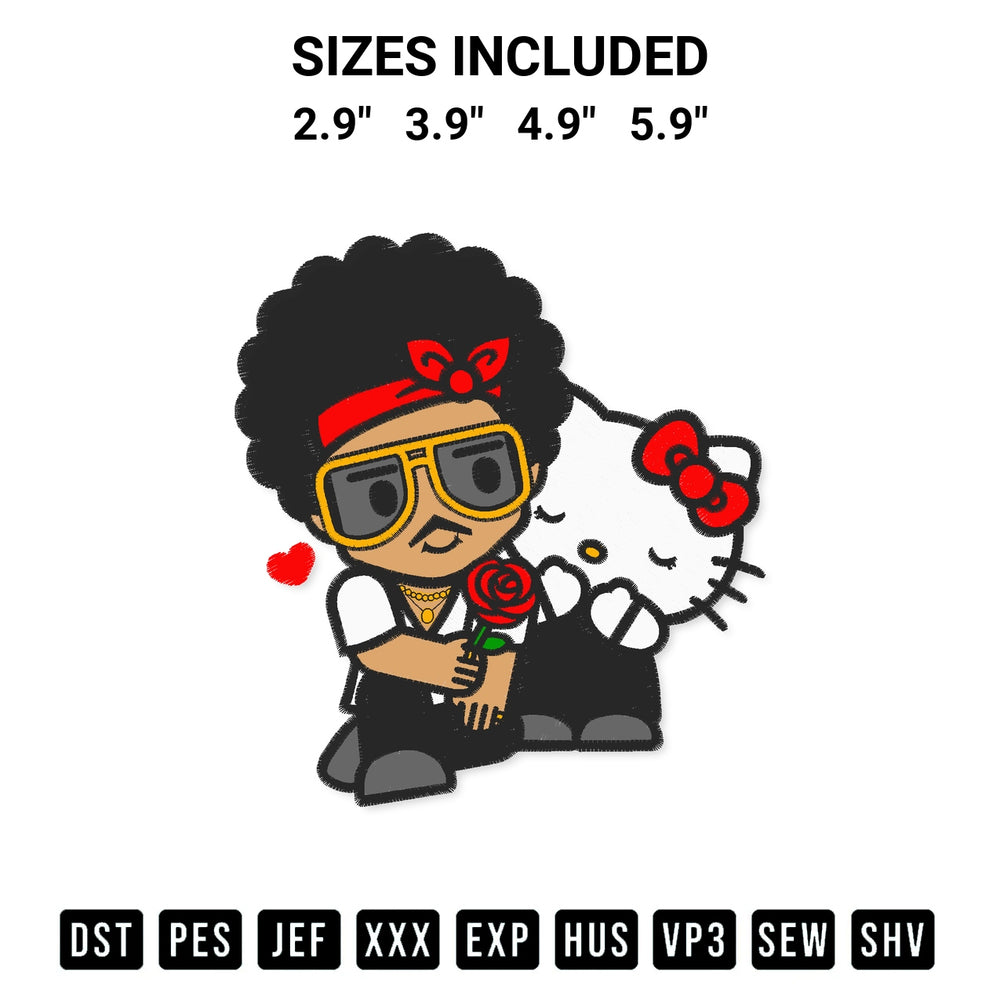 Discover the perfect addition to your crafting collection: Hello Kitty And Bruno Mars Embroidery Design embroidery file. Instantly available at Designspacks.com. Available sizes: 2.9", 3.9", 4.9", 5.9".