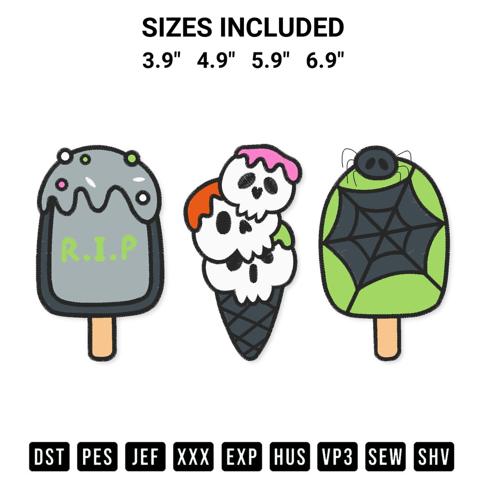 Create amazing crafts with the Horror Ice Cream Embroidery Design embroidery file. High-quality digital download from Designspacks.com, perfect for beginners and pros. Available sizes: 3.9", 4.9", 5.9", 6.9".