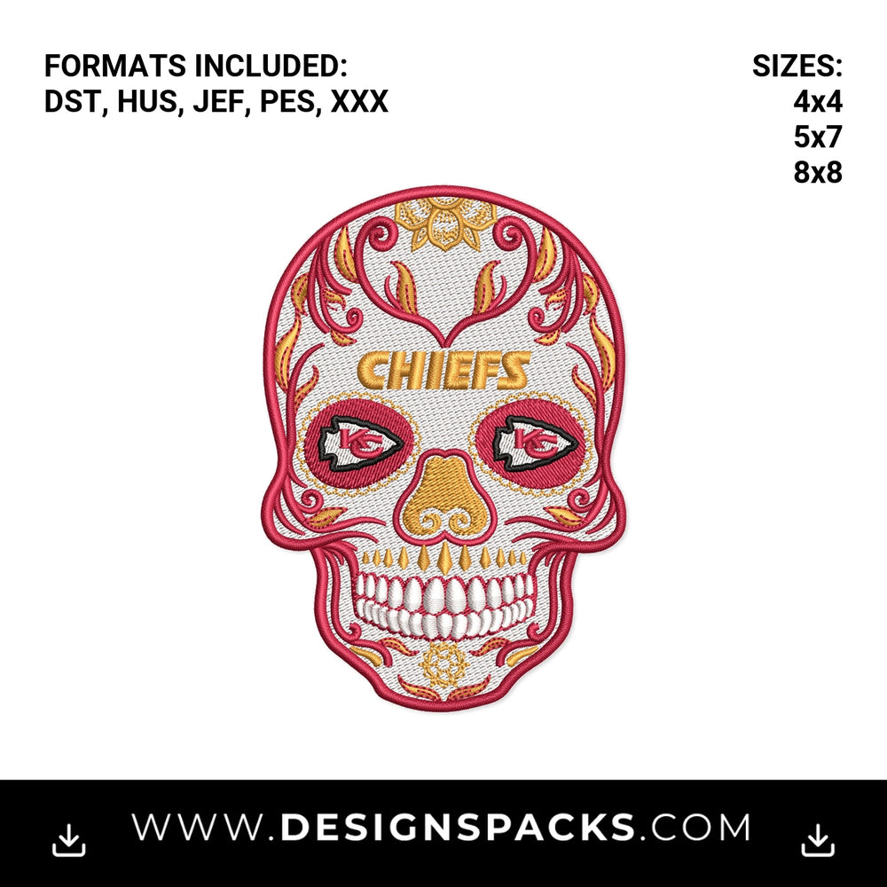 Kansas City Chiefs Sugar Skull Embroidery Design - Instant digital download pattern at Designspacks.com