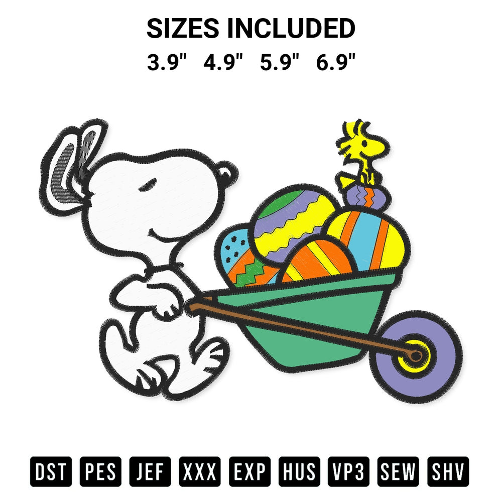 Transform your fabrics with the Easter Wagon Snoopy Woodstock Embroidery Design embroidery design. Instant access to premium digitized patterns at Designspacks.com. Available sizes: 3.9", 4.9", 5.9", 6.9".