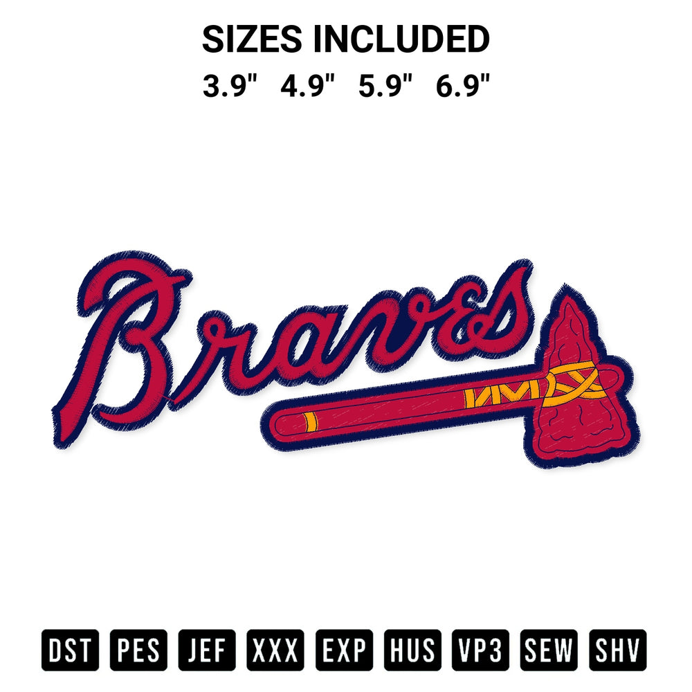 Shop the Atlanta Braves Logo Baseball Embroidery Design machine embroidery pattern at Designspacks.com. Beautifully digitized for flawless stitching on any fabric. Available sizes: 3.9", 4.9", 5.9", 6.9".