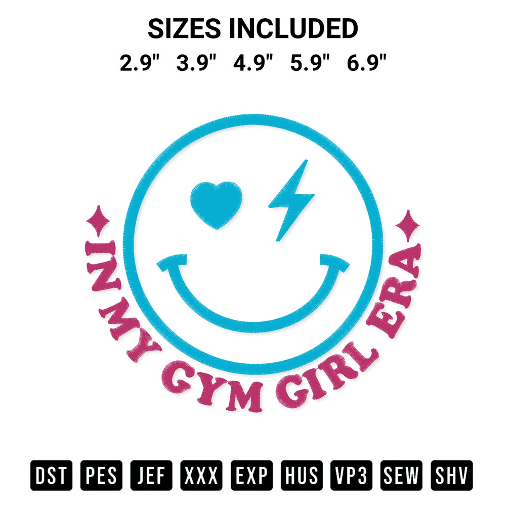 Stitch like a pro with the Smiley Face In My Gym Girl Era Embroidery Print Embroidery Design embroidery pattern from Designspacks.com. High-quality digital machine embroidery file. Available sizes: 2.9", 3.9", 4.9", 5.9", 6.9".