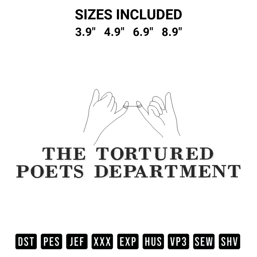 Add a unique touch to your apparel with the Hands The Tortured Poets Department Embroidery Design embroidery file. Premium instant download available now on Designspacks.com. Available sizes: 3.9", 4.9", 6.9", 8.9".
