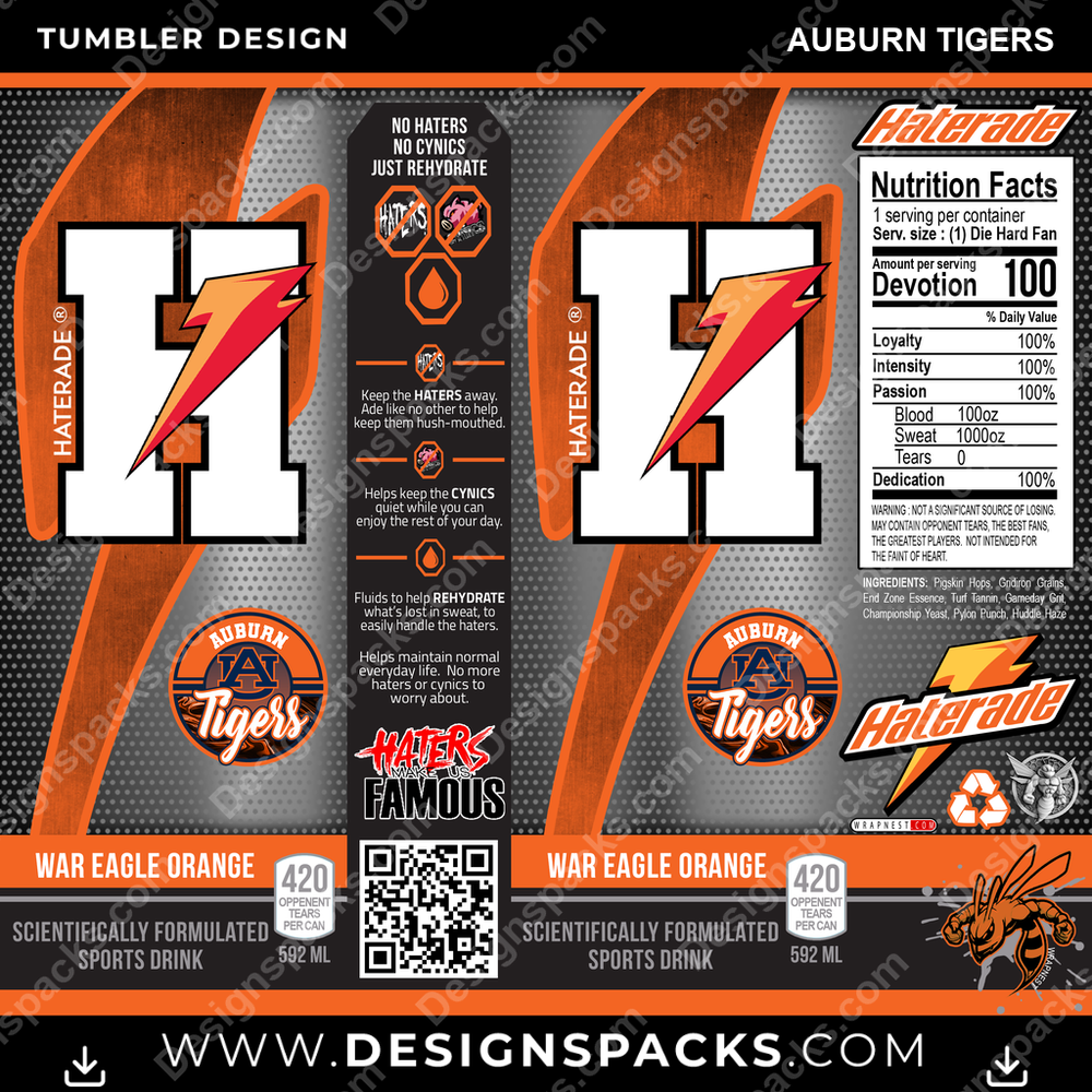 College Sport Haterade Auburn Tigers NCAA College Sport Tumbler Digital Wrap Design Download