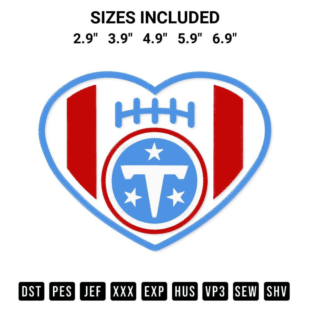 Shop the Tennessee Titans Heart Logo Embroidery Design machine embroidery pattern at Designspacks.com. Beautifully digitized for flawless stitching on any fabric. Available sizes: 2.9", 3.9", 4.9", 5.9", 6.9".