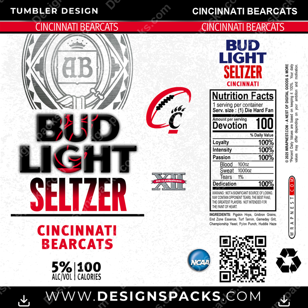 College Sport Bud Light Seltzer Cincinnati Bearcats Tumbler Digital Wrap Design