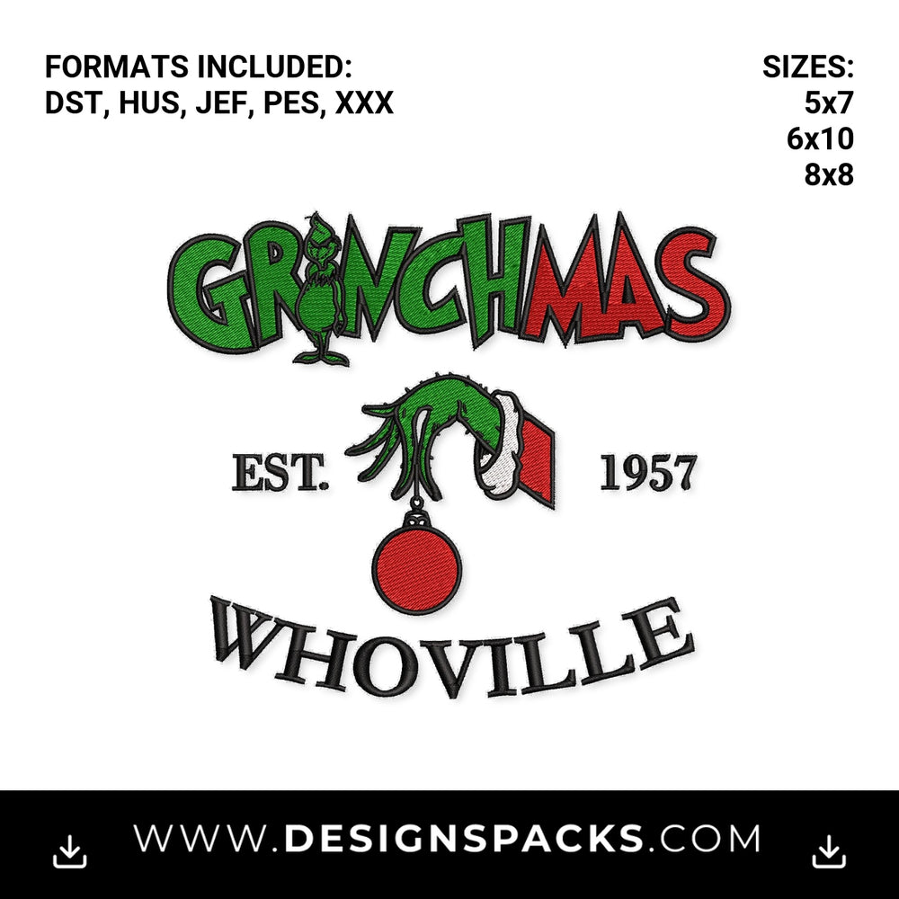 Grinchmas Whoville Est 1957 Embroidery Design - Instant digital download pattern at Designspacks.com