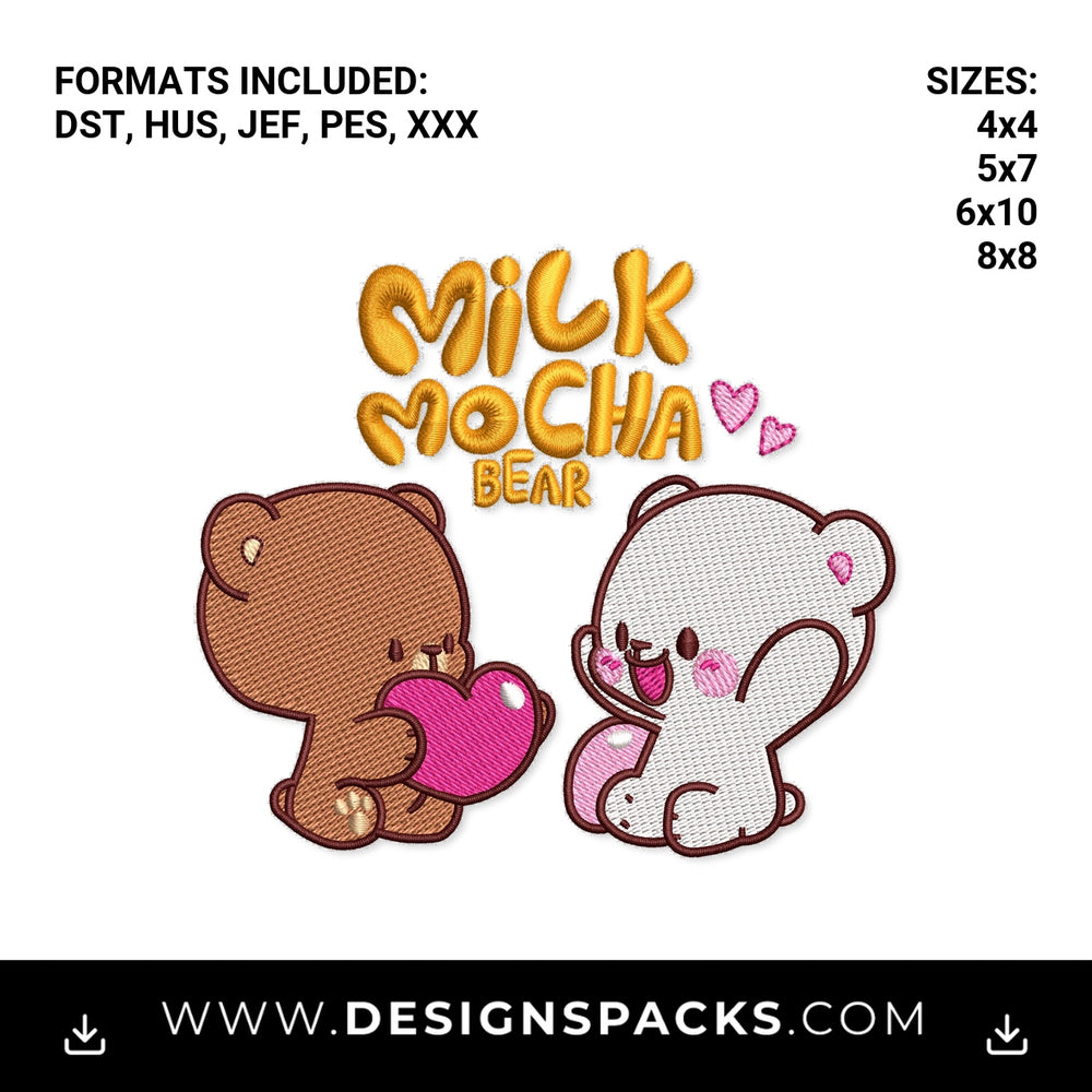 Cute Milk Mocha Bear Couple With Heart Embroidery Design - Instant digital download pattern at Designspacks.com