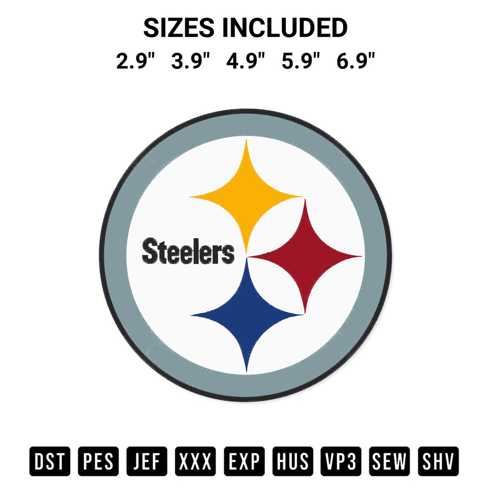 Transform your fabrics with the Pittsburgh Steelers Embroidery Design embroidery design. Instant access to premium digitized patterns at Designspacks.com. Available sizes: 2.9", 3.9", 4.9", 5.9", 6.9".