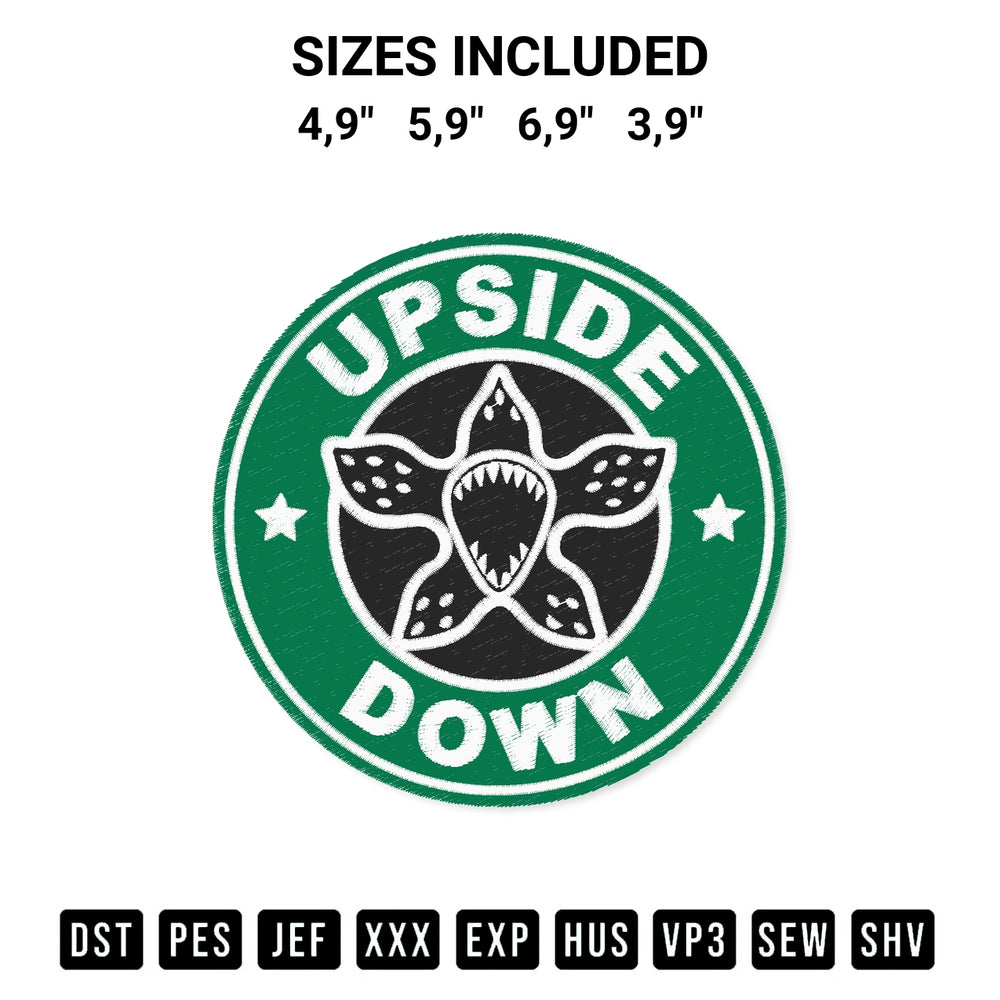 Discover the perfect addition to your crafting collection: Upside Down Coffee Stranger Things Demogorgon Starbucks Logo Embroidery Design embroidery file. Instantly available at Designspacks.com. Available sizes: 4,9", 5,9", 6,9", 3,9".