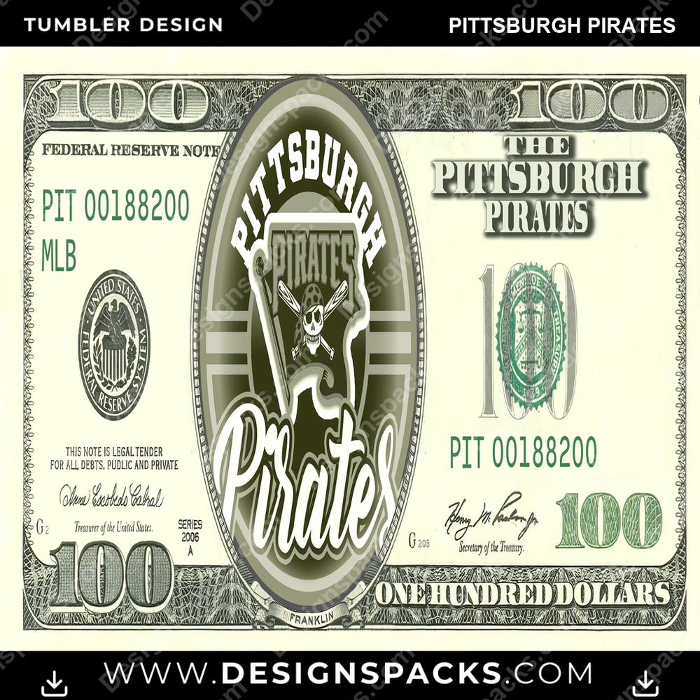 Diseño Digital de Envoltura para Vaso de Béisbol con Billete de 100 Dólares de los Piratas de Pittsburgh