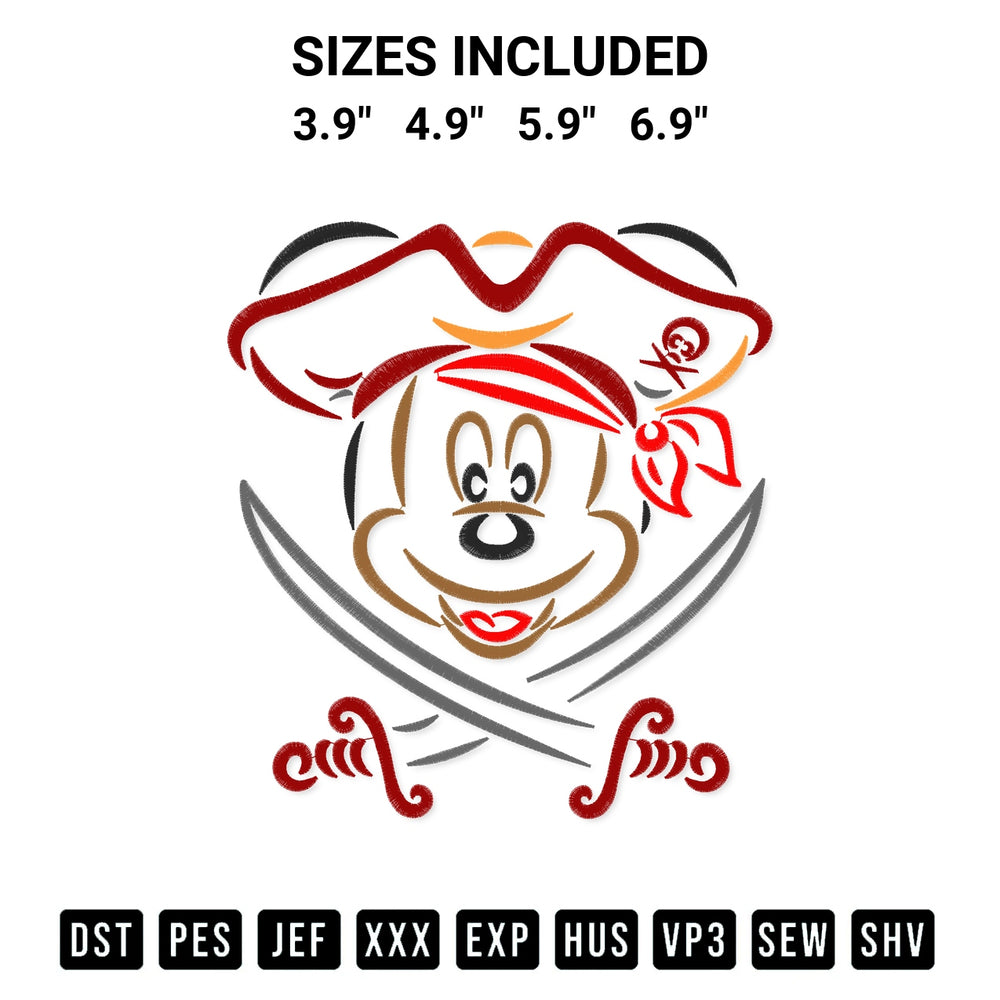 Discover the perfect addition to your crafting collection: Mickey Mouse Pirate Embroidery Design embroidery file. Instantly available at Designspacks.com. Available sizes: 3.9", 4.9", 5.9", 6.9".