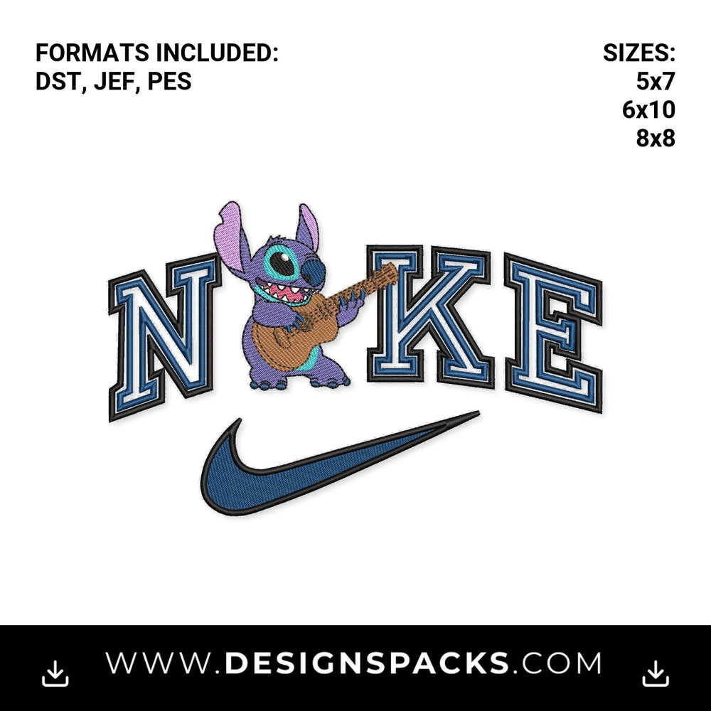Stitch Playing Ukulele Nike Swoosh Embroidery Design - Instant digital download pattern at Designspacks.com
