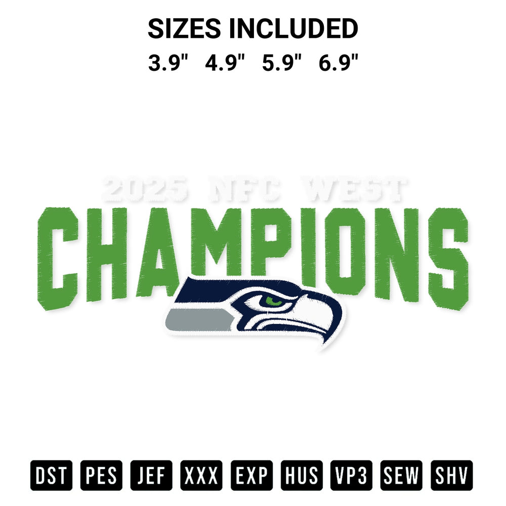 Elevate your next project with our Seattle Seahawks 2025 Afc West Champions Embroidery Design embroidery file. Shop high-quality digital patterns instantly at Designspacks.com. Available sizes: 3.9", 4.9", 5.9", 6.9".