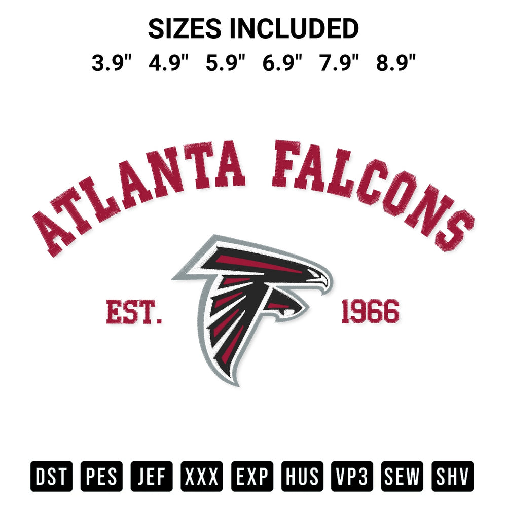 Download the Atlanta Falcons Est 1966 Embroidery Design machine embroidery design exclusively at Designspacks.com. Premium digitized pattern for apparel and DIY crafts. Available sizes: 3.9", 4.9", 5.9", 6.9", 7.9", 8.9".