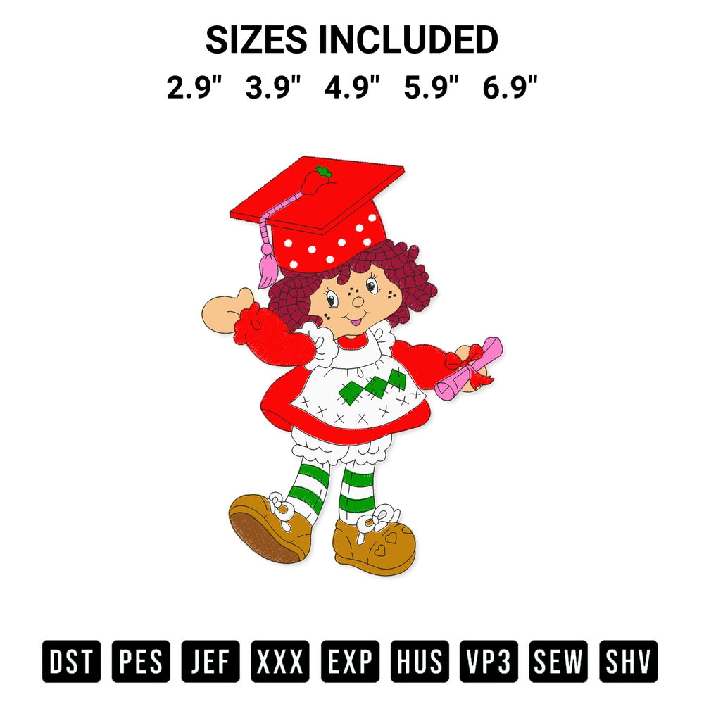 Add a unique touch to your apparel with the Strawberry Shortcake Graduation Embroidery Design embroidery file. Premium instant download available now on Designspacks.com. Available sizes: 2.9", 3.9", 4.9", 5.9", 6.9".