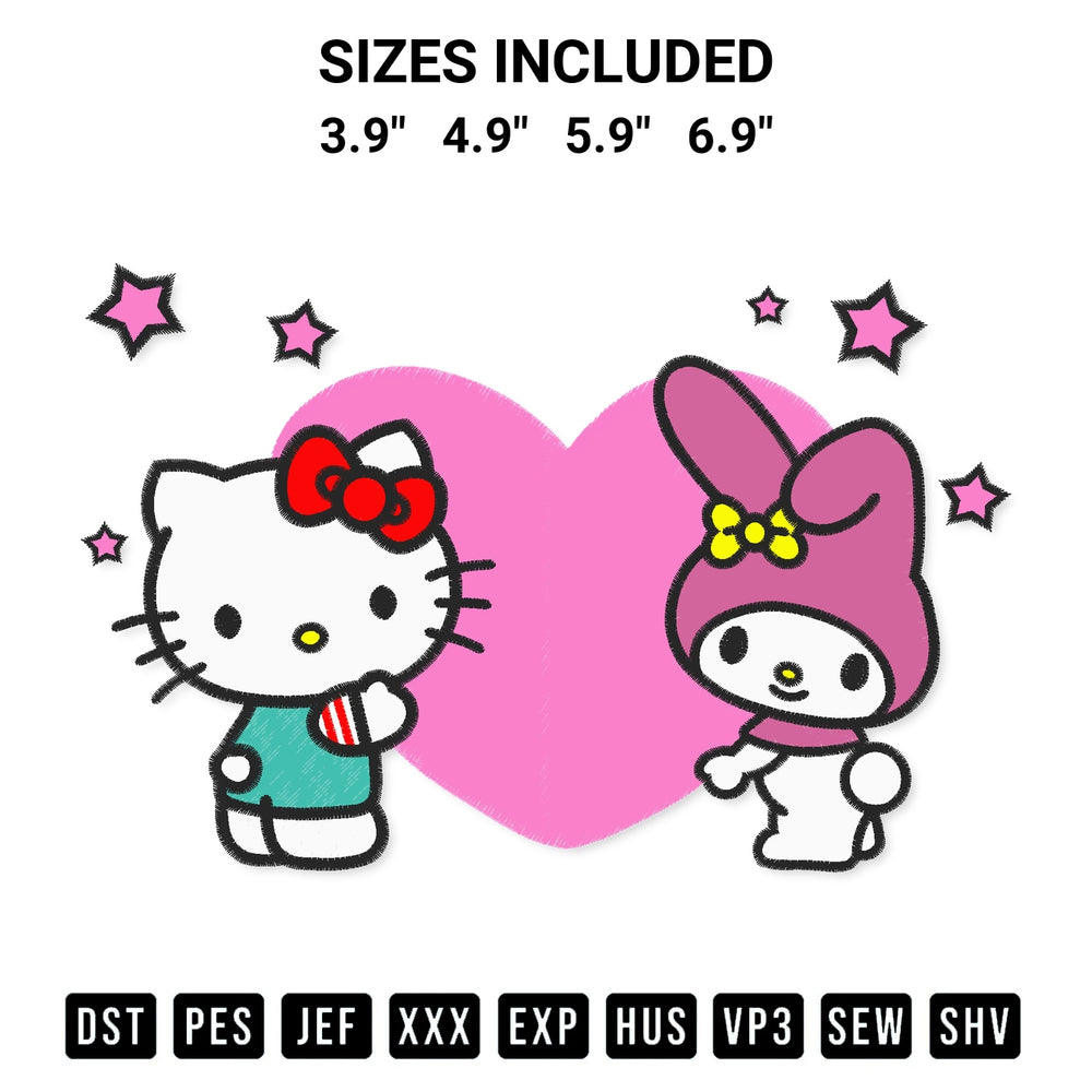 Add a unique touch to your apparel with the Hello Kitty And Melody Heart Embroidery Design embroidery file. Premium instant download available now on Designspacks.com. Available sizes: 3.9", 4.9", 5.9", 6.9".