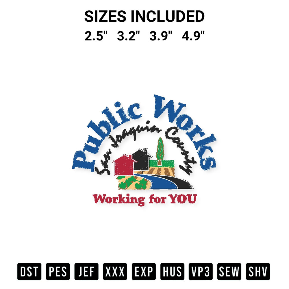 Transform your fabrics with the San Joaquin County Public Works Embroidery Design embroidery design. Instant access to premium digitized patterns at Designspacks.com. Available sizes: 2.5", 3.2", 3.9", 4.9".