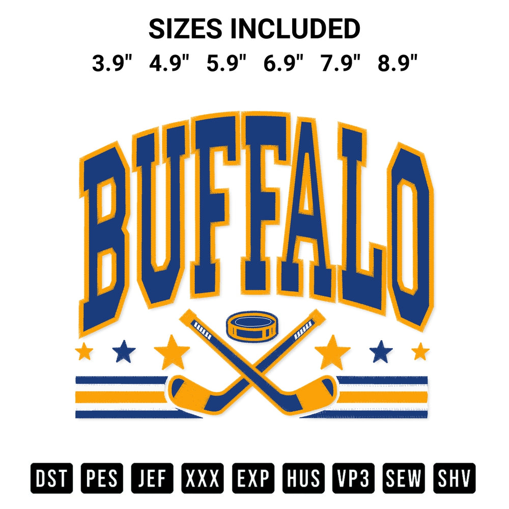 Add a unique touch to your apparel with the Buffalo Hockey Embroidery Design embroidery file. Premium instant download available now on Designspacks.com. Available sizes: 3.9", 4.9", 5.9", 6.9", 7.9", 8.9".