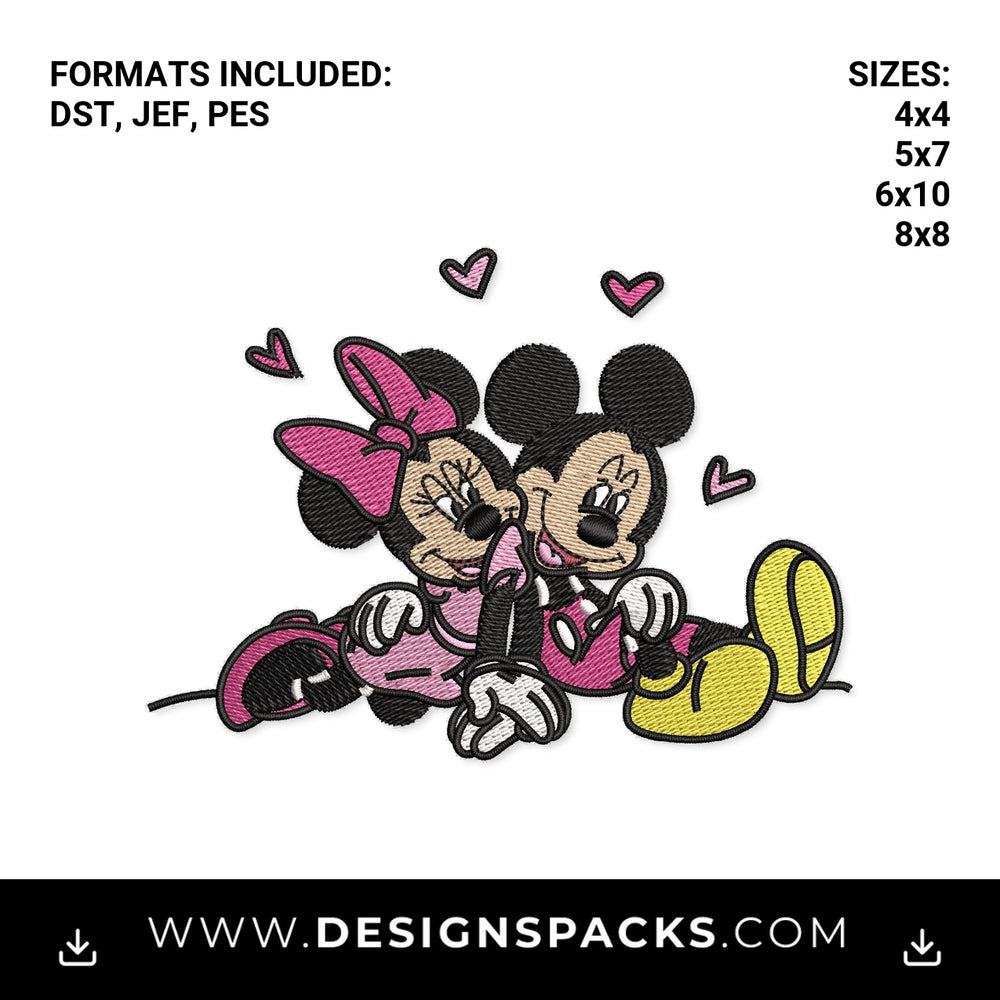 Cute Mickey & Minnie Couple with Hearts Embroidery Design - Instant digital download pattern at Designspacks.com