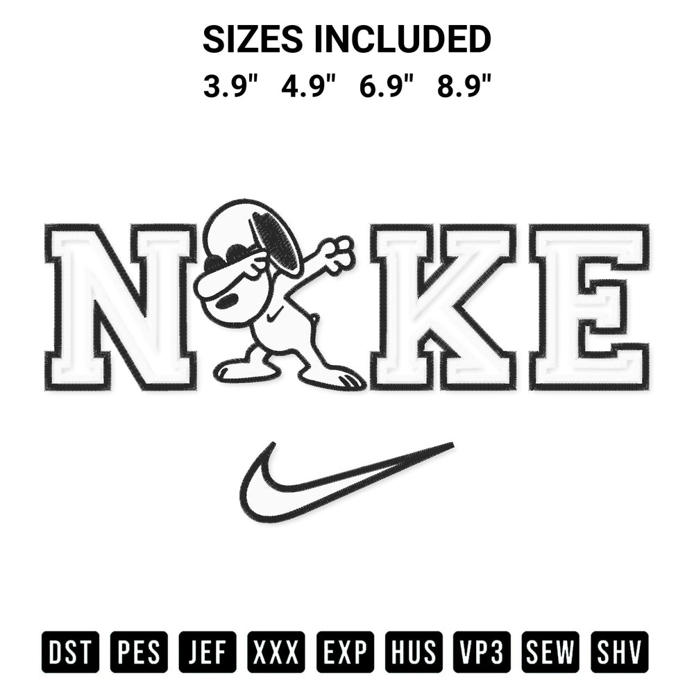 Add a unique touch to your apparel with the Dabbing Snoopy Nike Swoosh Embroidery Design embroidery file. Premium instant download available now on Designspacks.com. Available sizes: 3.9", 4.9", 6.9", 8.9".