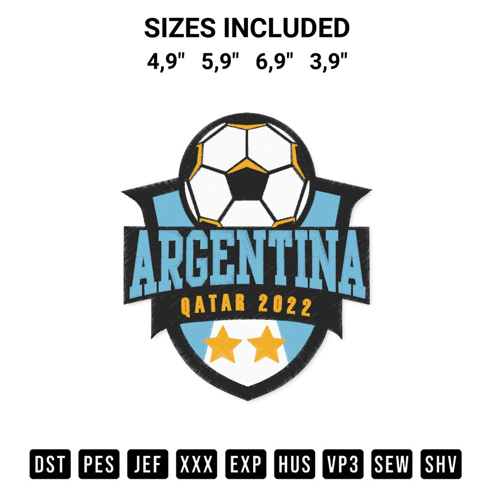 Discover the perfect addition to your crafting collection: Argentina Qatar 2022 Trending World Cup Qatar 2022 Embroidery Design embroidery file. Instantly available at Designspacks.com. Available sizes: 4,9", 5,9", 6,9", 3,9".