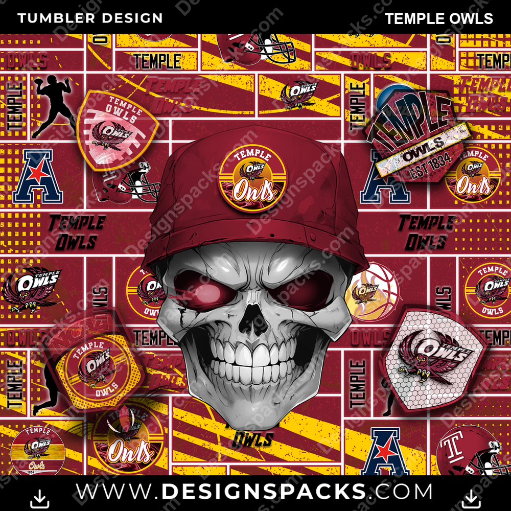 College Sport Skull Temple Owls Tumbler Digital Wrap Design