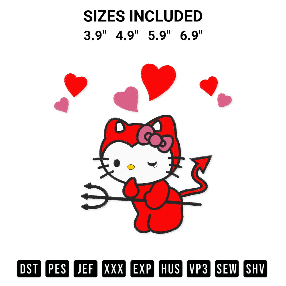 Add a unique touch to your apparel with the Hello Kitty Devil Valentine Embroidery Design embroidery file. Premium instant download available now on Designspacks.com. Available sizes: 3.9", 4.9", 5.9", 6.9".