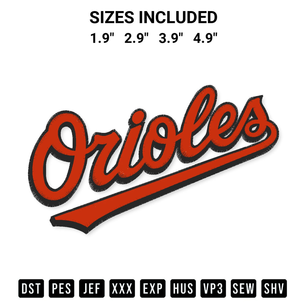 Get the Baltimore Orioles Text Embroidery Design embroidery design for your custom crafts! Premium digitized files available for instant download at Designspacks.com. Available sizes: 1.9", 2.9", 3.9", 4.9".