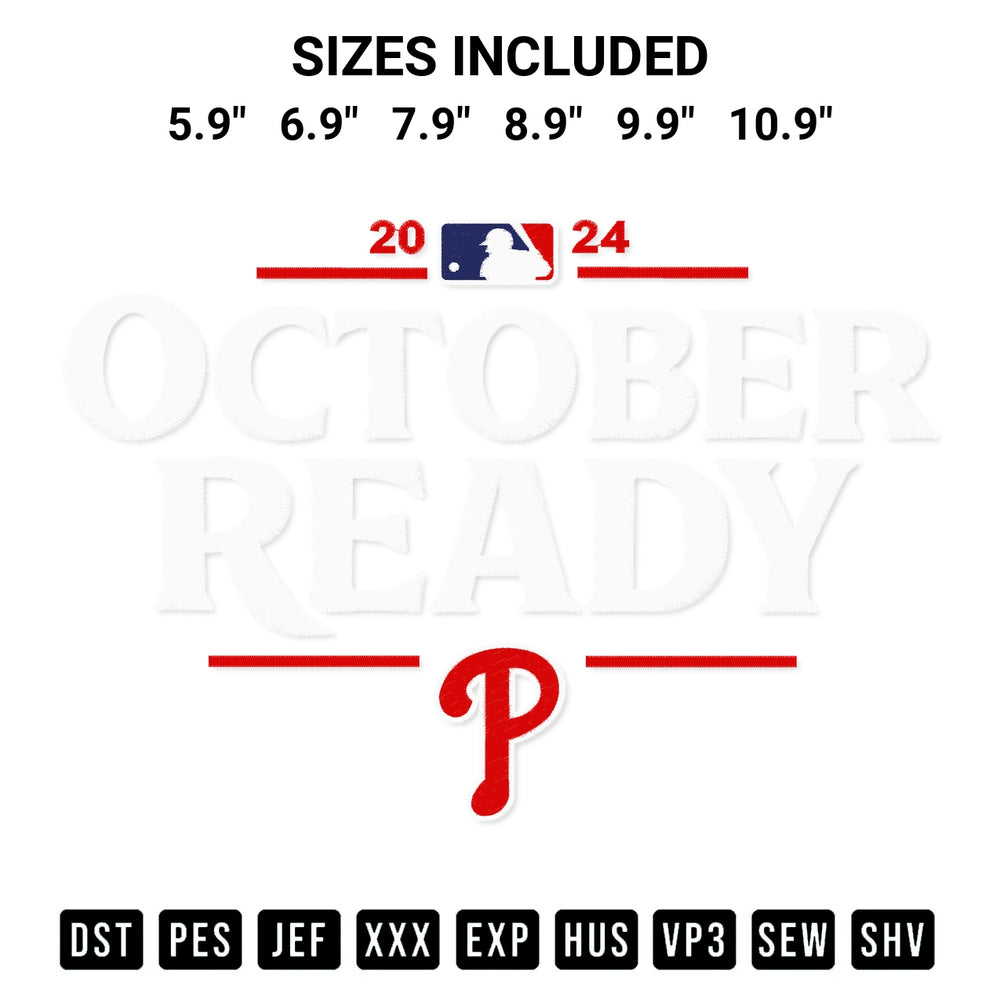 Create amazing crafts with the Philadelphia Phillies October Ready 2024 Embroidery Design embroidery file. High-quality digital download from Designspacks.com, perfect for beginners and pros. Available sizes: 5.9", 6.9", 7.9", 8.9", 9.9", 10.9".