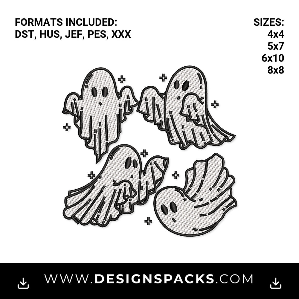 Cute Spooky Halloween Ghosts Embroidery Design - Instant digital download pattern at Designspacks.com