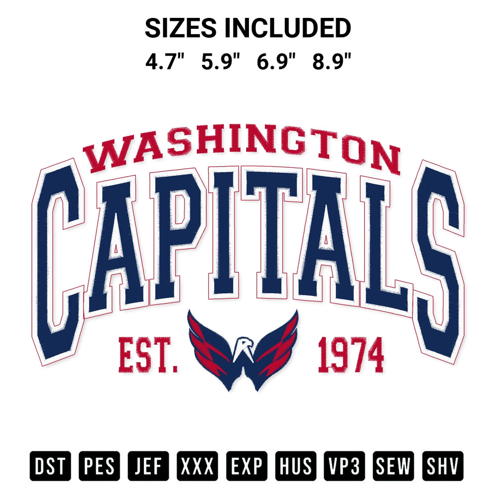 Add a unique touch to your apparel with the Washington Capitals Est. 1974 Washington Capitals Hockey Nhl Embroidery Design embroidery file. Premium instant download available now on Designspacks.com. Available sizes: 4.7", 5.9", 6.9", 8.9".