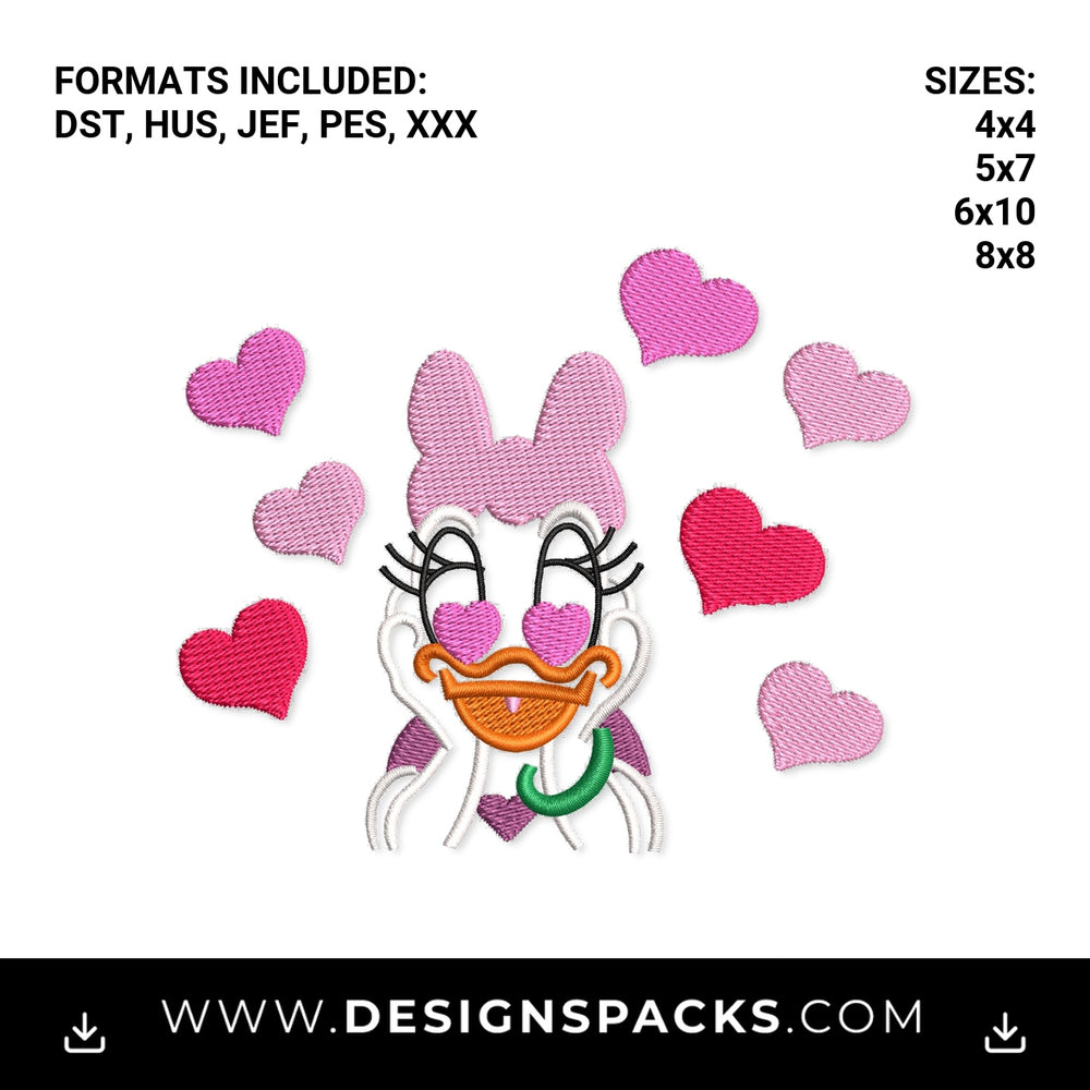 Daisy Duck Pink Heart Eyes Embroidery Design - Instant digital download pattern at Designspacks.com