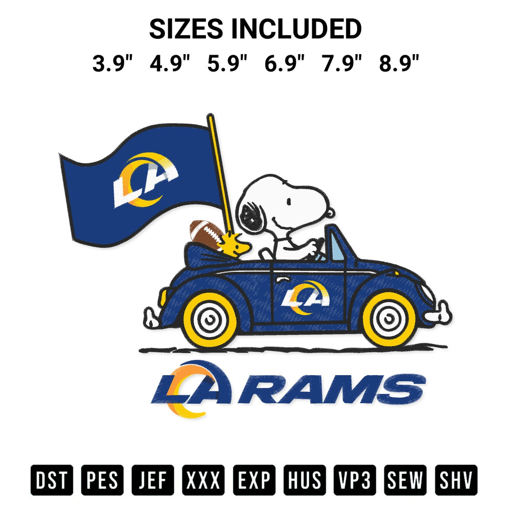 Looking for the perfect pattern? Download the Snoopy And Woodstock Driving Car Los Angeles Rams Embroidery Design embroidery design today at Designspacks.com. Crisp, clean stitching guaranteed. Available sizes: 3.9", 4.9", 5.9", 6.9", 7.9", 8.9".