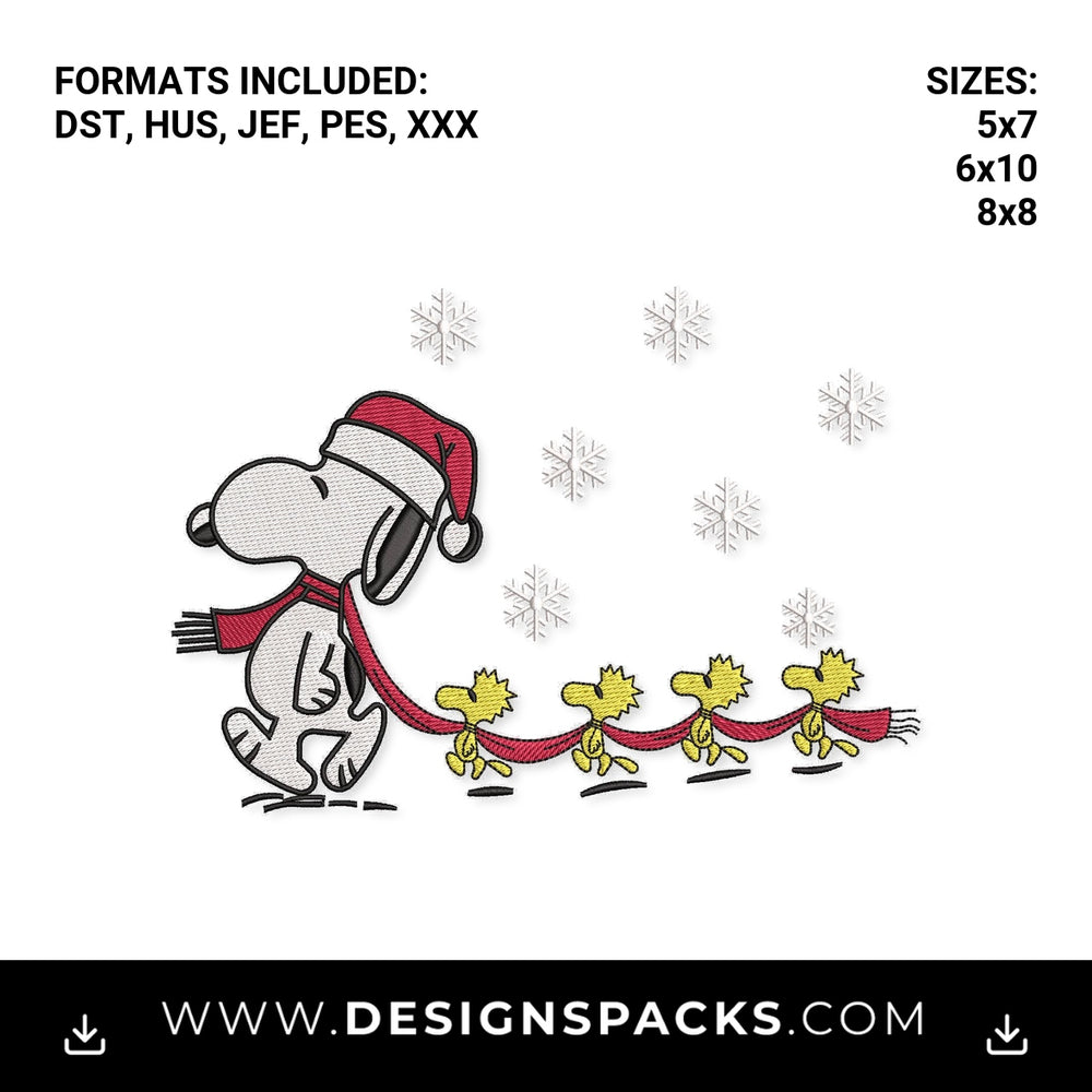 Snoopy & Woodstock Christmas Winter Scarf Embroidery Design - Instant digital download pattern at Designspacks.com