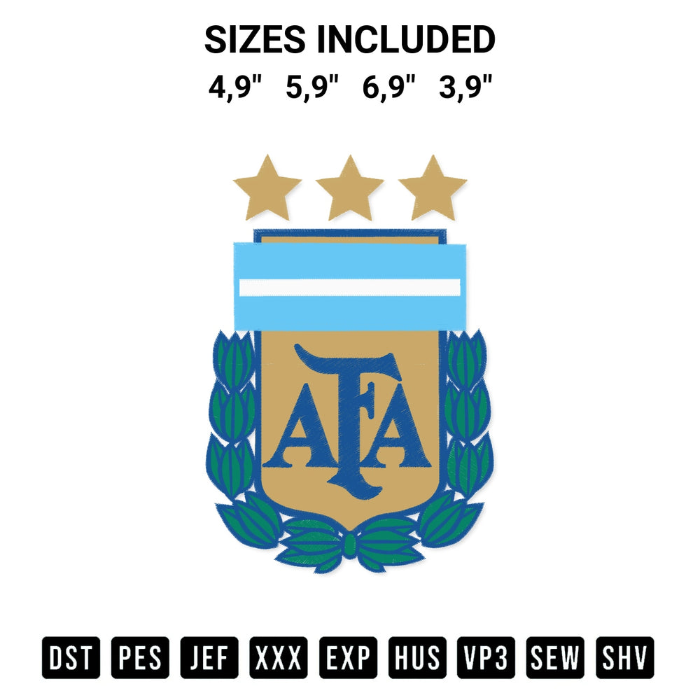 Get the Argentine Football Association Embroidery Design embroidery design for your custom crafts! Premium digitized files available for instant download at Designspacks.com. Available sizes: 4,9", 5,9", 6,9", 3,9".