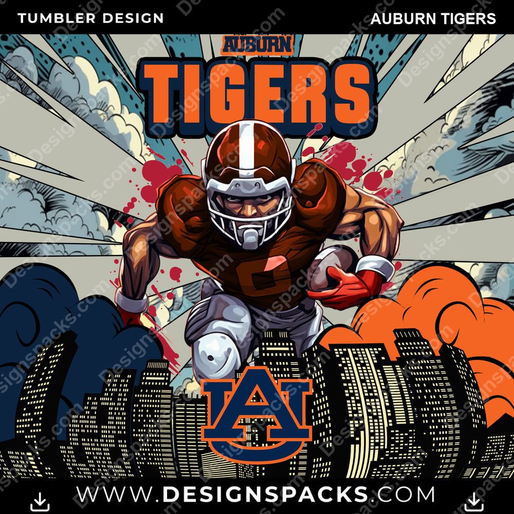 College Sport Comic Cover Auburn Tigers NCAA College Sport Tumbler Digital Wrap Design Download