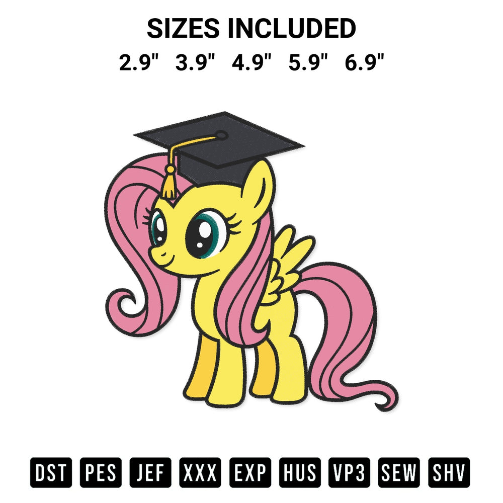 Stitch like a pro with the Fluttershy Grad Cap Embroidery Design embroidery pattern from Designspacks.com. High-quality digital machine embroidery file. Available sizes: 2.9", 3.9", 4.9", 5.9", 6.9".