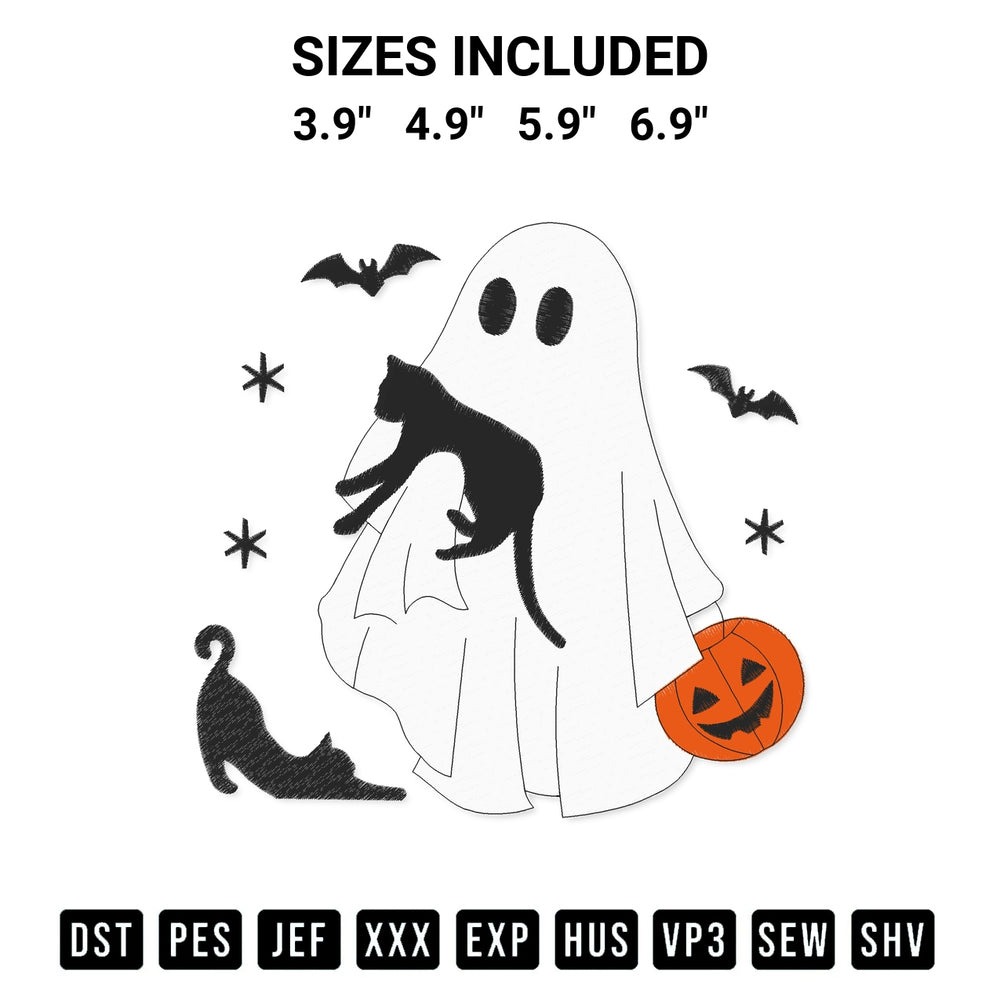 Add a unique touch to your apparel with the Ghost Pumpkin Cat Embroidery Design embroidery file. Premium instant download available now on Designspacks.com. Available sizes: 3.9", 4.9", 5.9", 6.9".