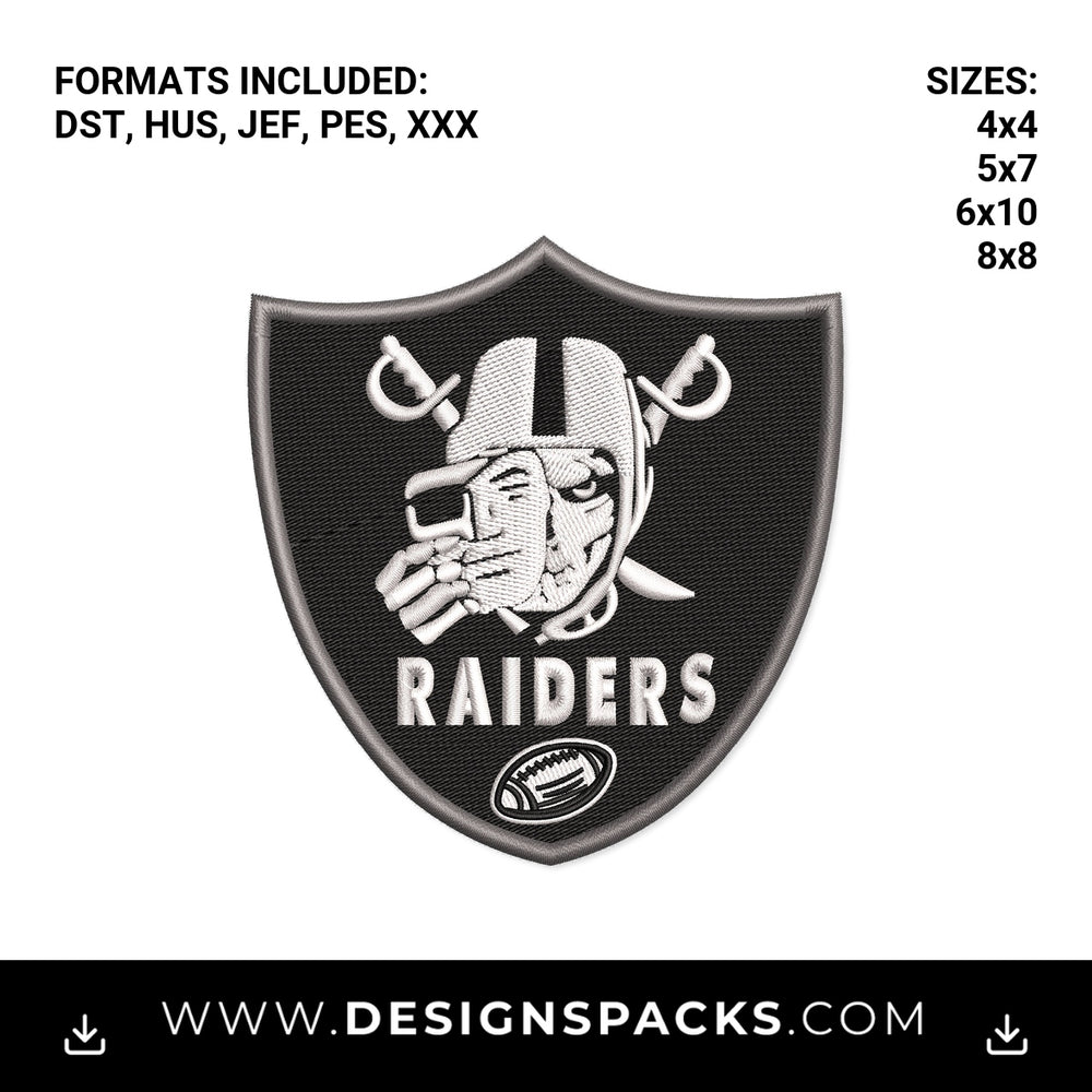 Raiders Football Shield Patch Embroidery Design - Instant digital download pattern at Designspacks.com