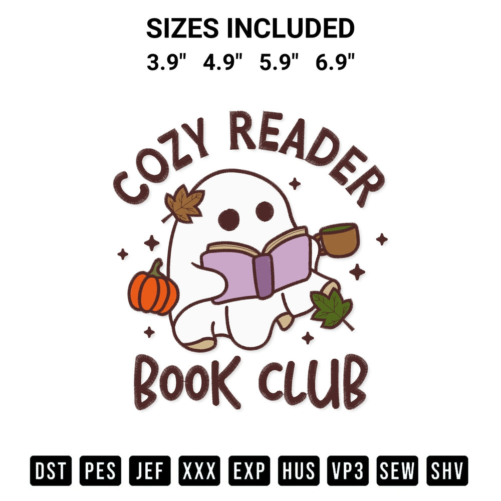Discover the perfect addition to your crafting collection: Cozy Reader Book Club Embroidery Design embroidery file. Instantly available at Designspacks.com. Available sizes: 3.9", 4.9", 5.9", 6.9".