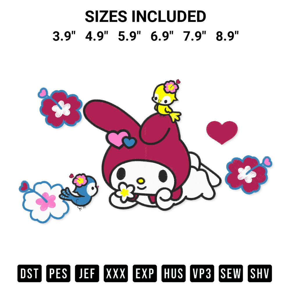 Stitch like a pro with the My Melody With Birds Embroidery Design embroidery pattern from Designspacks.com. High-quality digital machine embroidery file. Available sizes: 3.9", 4.9", 5.9", 6.9", 7.9", 8.9".