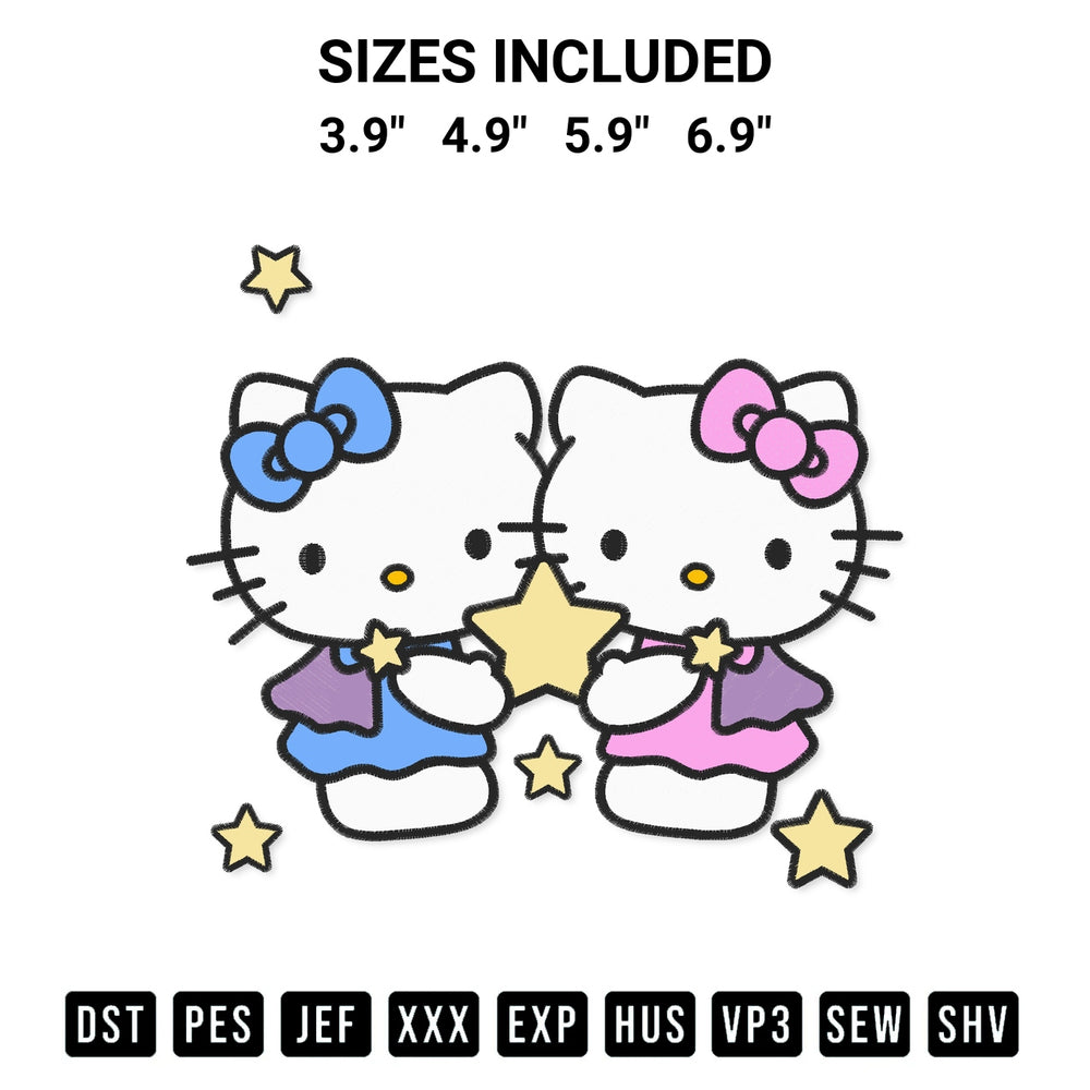 Shop the Hello Kitty Gemini Embroidery Design machine embroidery pattern at Designspacks.com. Beautifully digitized for flawless stitching on any fabric. Available sizes: 3.9", 4.9", 5.9", 6.9".
