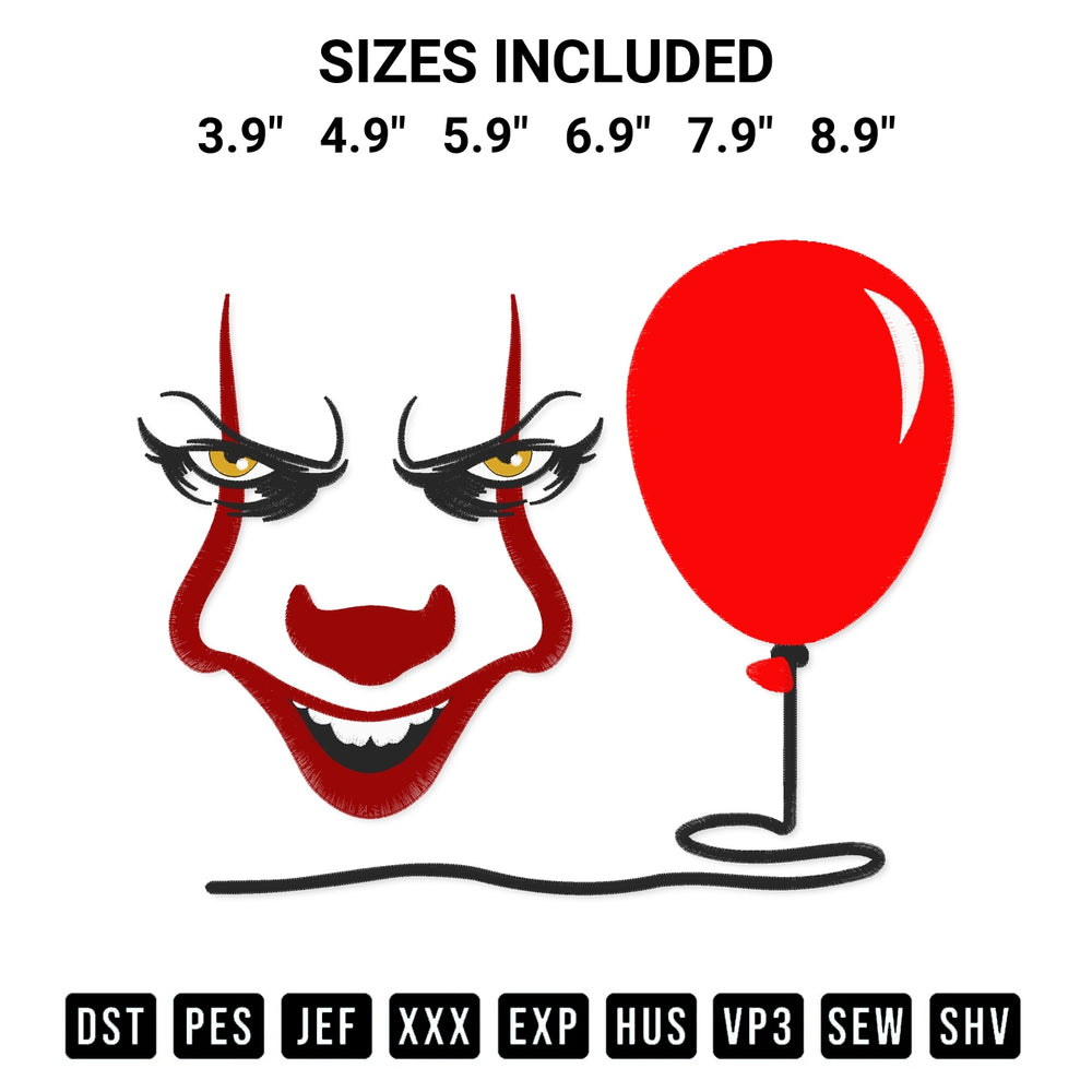 Add a unique touch to your apparel with the Pennywise Face Balloon Embroidery Design embroidery file. Premium instant download available now on Designspacks.com. Available sizes: 3.9", 4.9", 5.9", 6.9", 7.9", 8.9".