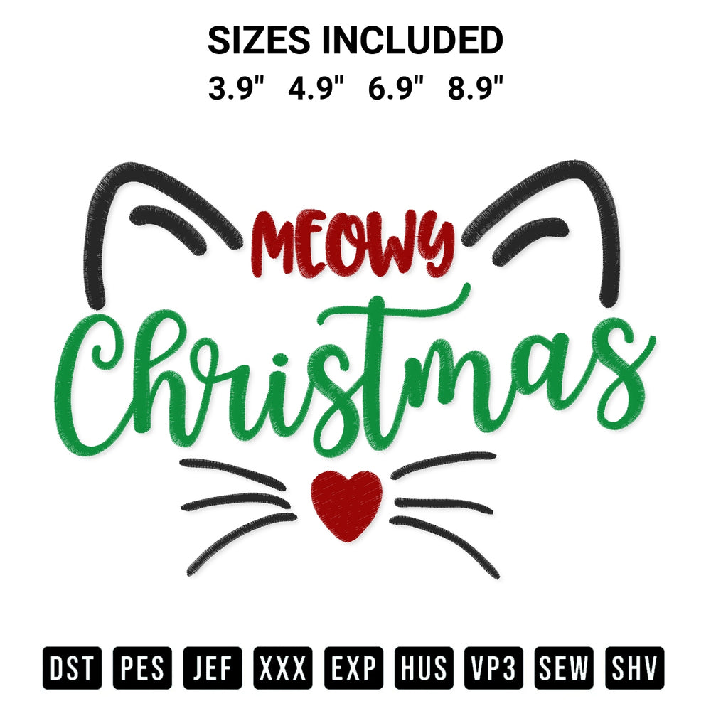 Stitch like a pro with the Meowy Christmas Embroidery Design embroidery pattern from Designspacks.com. High-quality digital machine embroidery file. Available sizes: 3.9", 4.9", 6.9", 8.9".