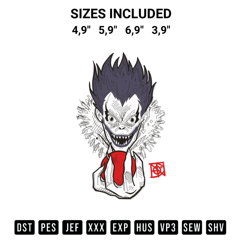 Looking for the perfect pattern? Download the Death Note Ryuk Logo Embroidery Design embroidery design today at Designspacks.com. Crisp, clean stitching guaranteed. Available sizes: 4,9", 5,9", 6,9", 3,9".
